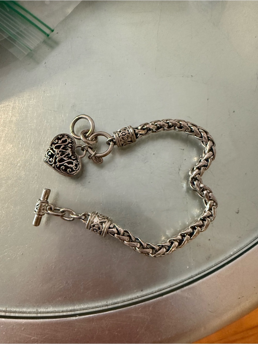 Premier Designs Silver Braided Toggle Bracelet with Filigree Heart Charm